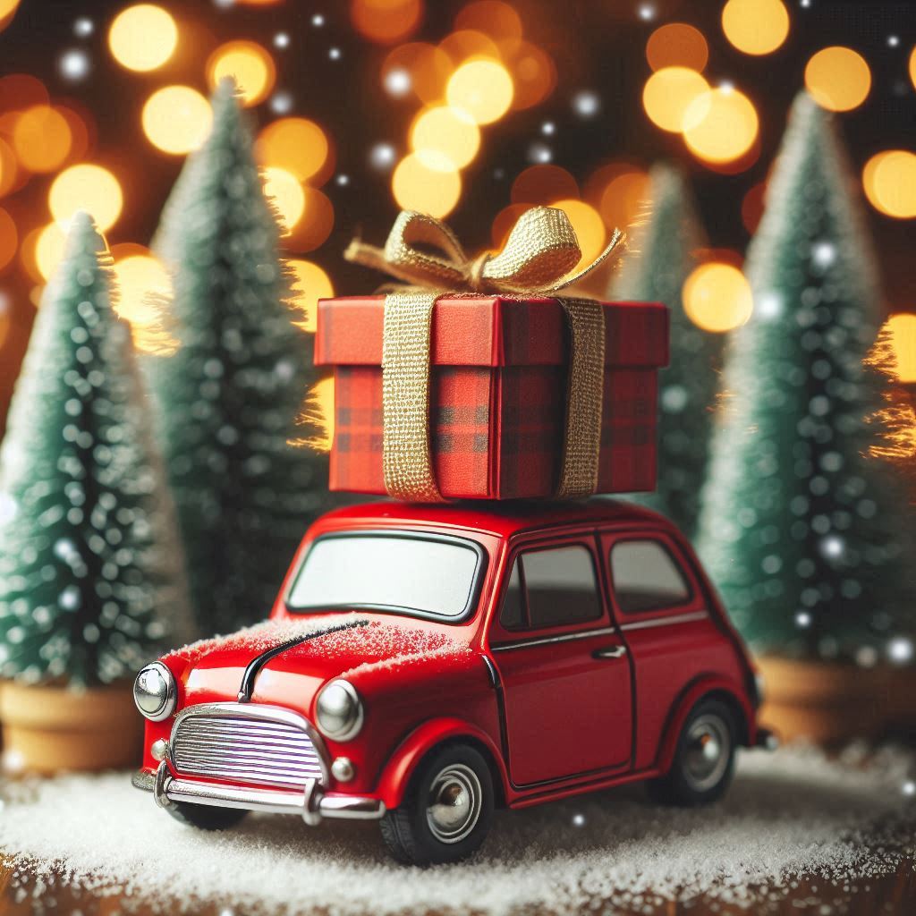 A red car carrying a gift drives past snow-covered trees A red car carrying a gift drives past snow-covered trees