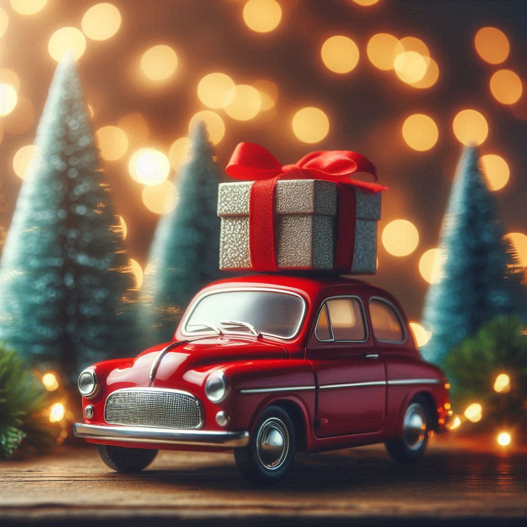 A red car with a gift on top drives by christmas trees A red car with a gift on top drives by christmas trees