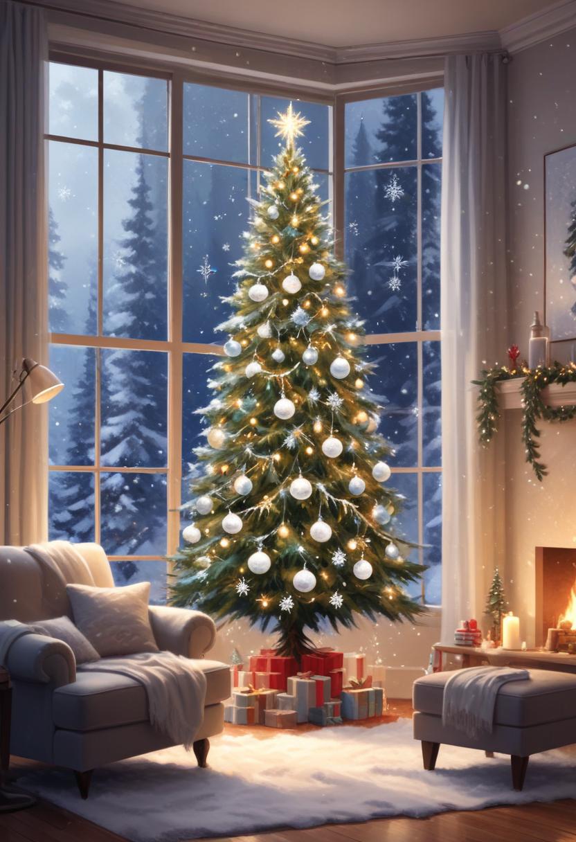 A christmas tree by a window overlooks snow A christmas tree by a window overlooks snow