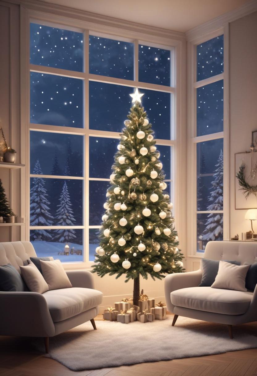 A christmas tree gleams by the snowy window A christmas tree gleams by the snowy window