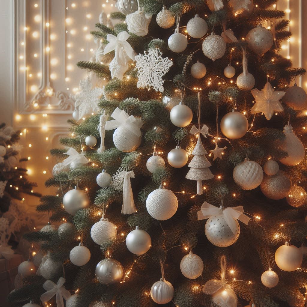 Close-up of a christmas tree with white decor Close-up of a christmas tree with white decor