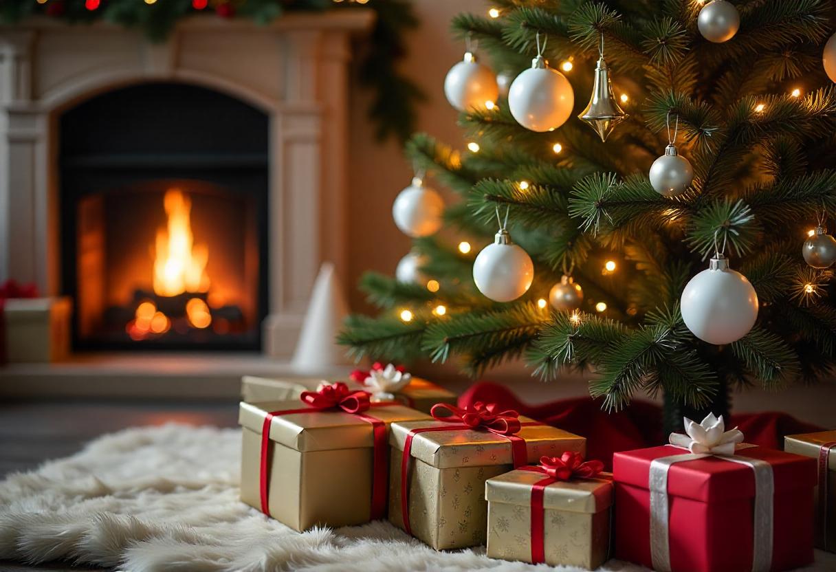 A christmas tree with presents by the fireplace A christmas tree with presents by the fireplace