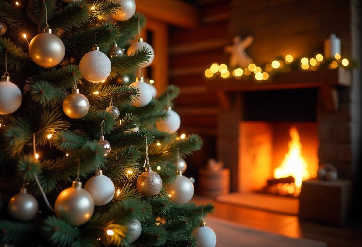 A decorated christmas tree stands next to a cozy fireplace
