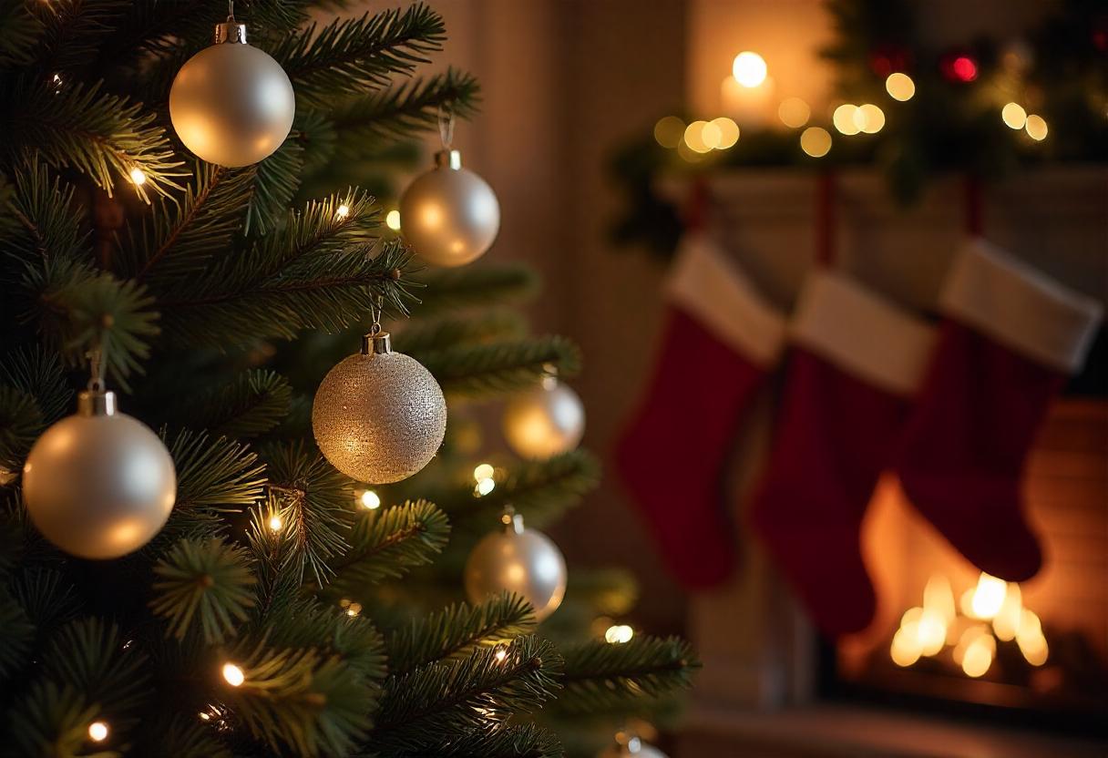 A christmas tree with ornaments and lights by a fireplace A christmas tree with ornaments and lights by a fireplace