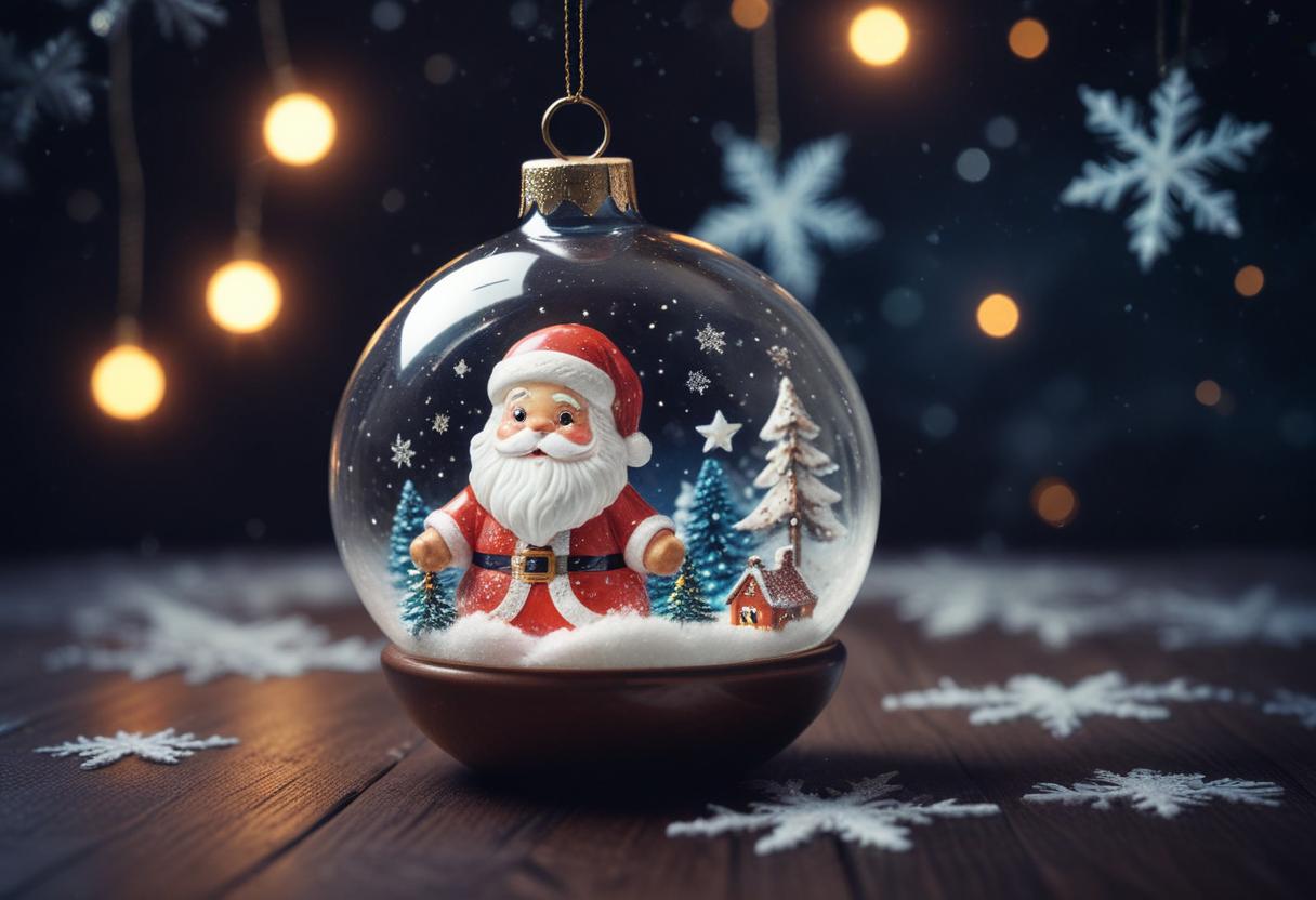 Santa glass ornament on wooden table Santa glass ornament on wooden table