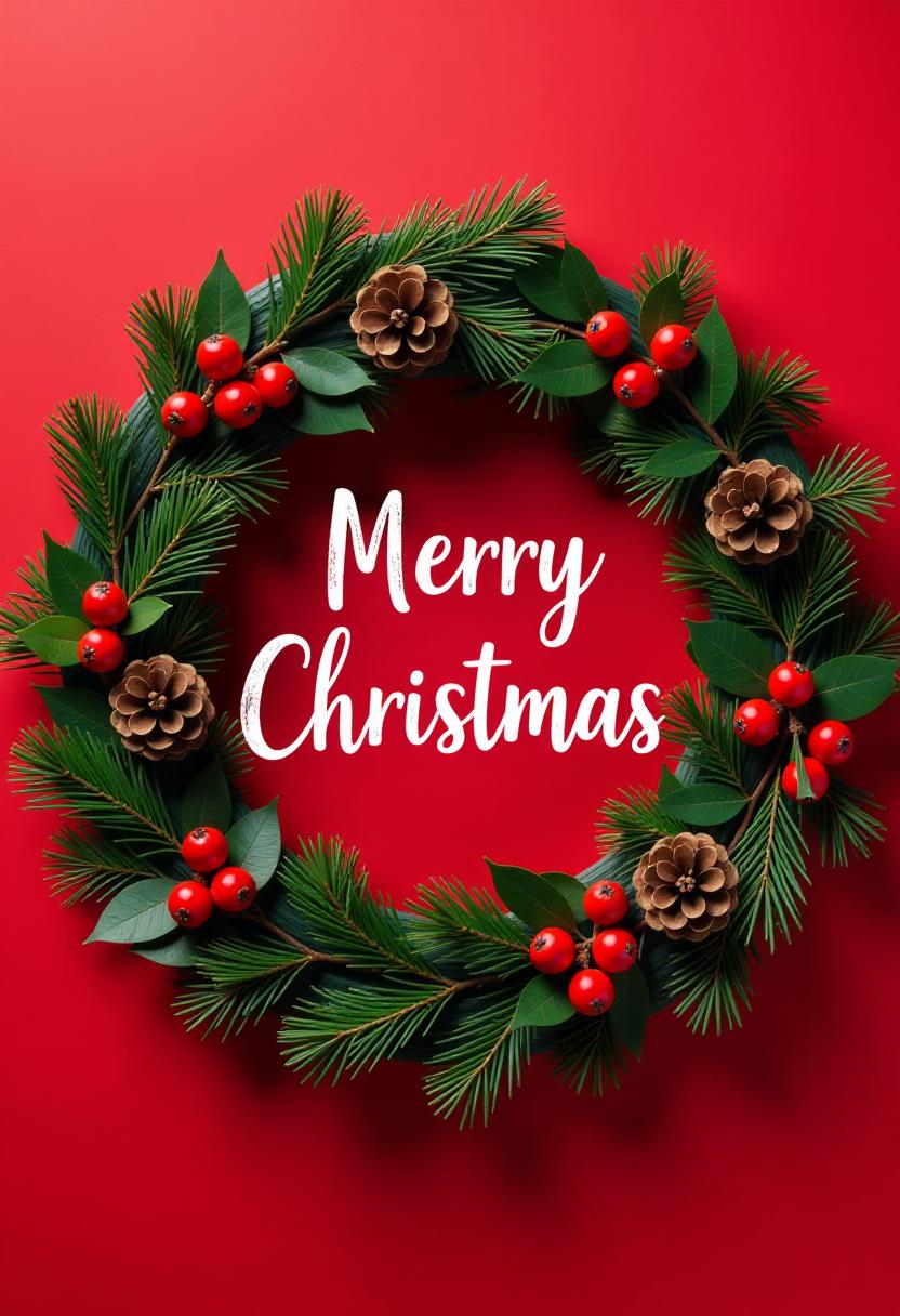 Christmas wreath with pine and berries on red Christmas wreath with pine and berries on red