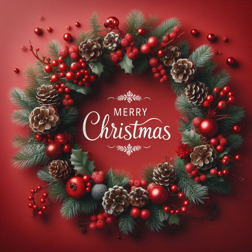 A festive christmas wreath on a red background A festive christmas wreath on a red background
