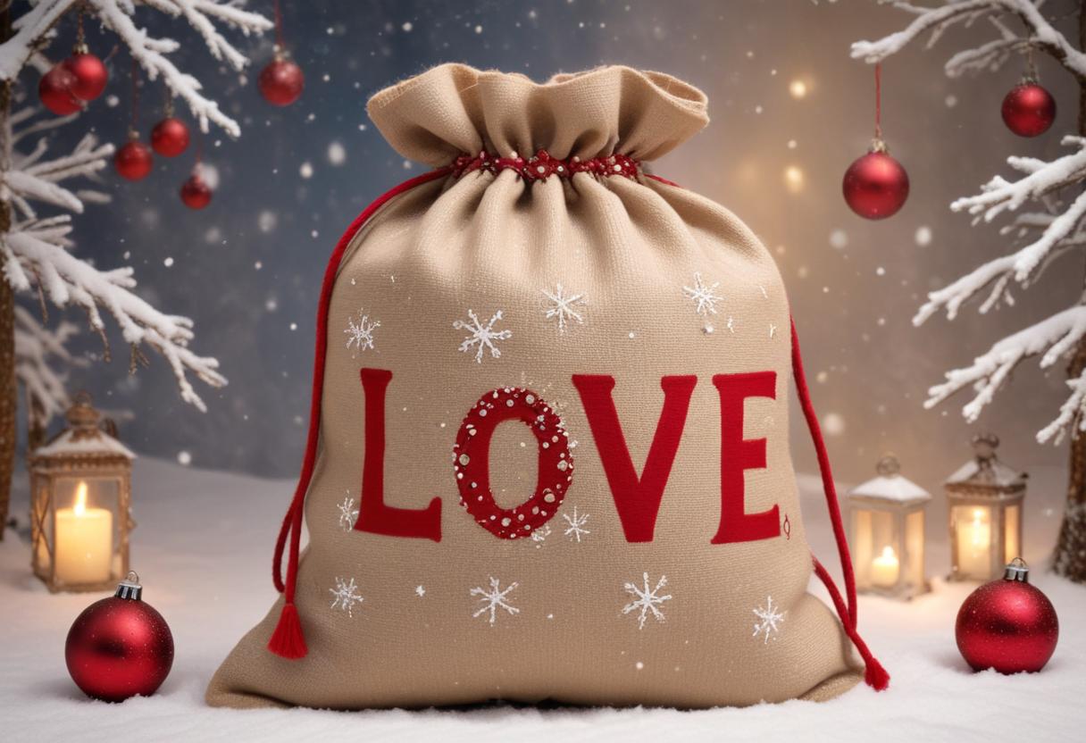 Love gift bag on snow with lanterns and ornaments Love gift bag on snow with lanterns and ornaments