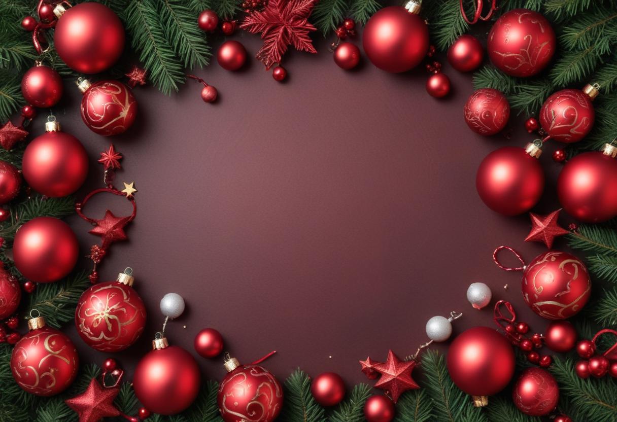 Red ornaments and greenery surround a red background Red ornaments and greenery surround a red background