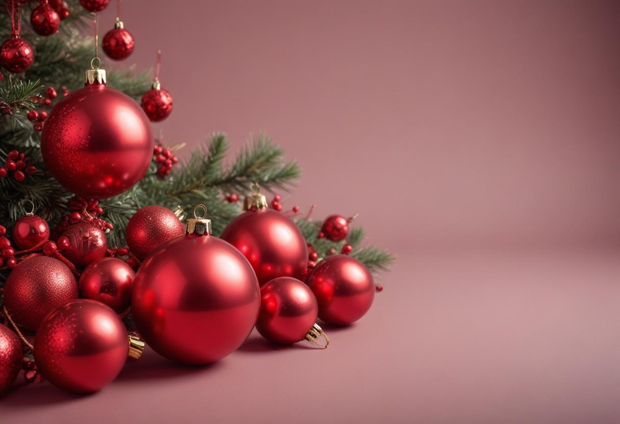 Red christmas ornaments on a pine branch Red christmas ornaments on a pine branch