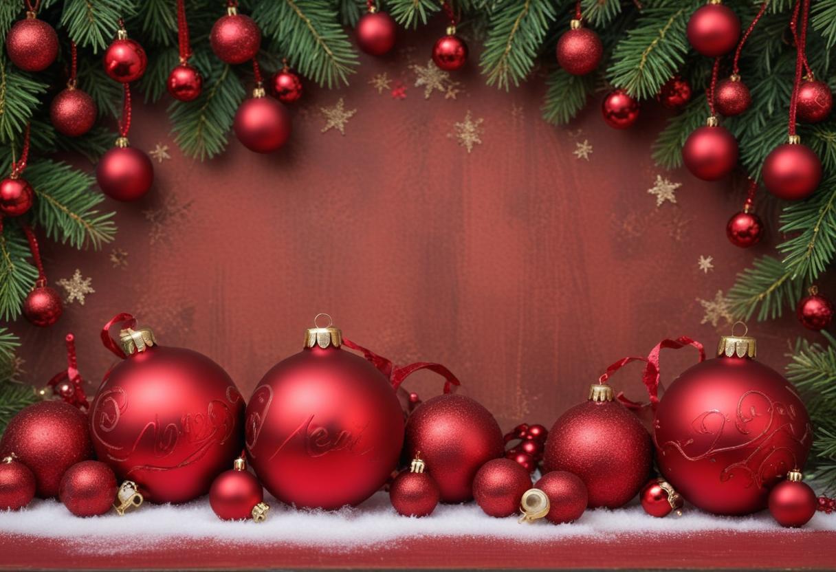 Red christmas ornaments on a wooden table Red christmas ornaments on a wooden table