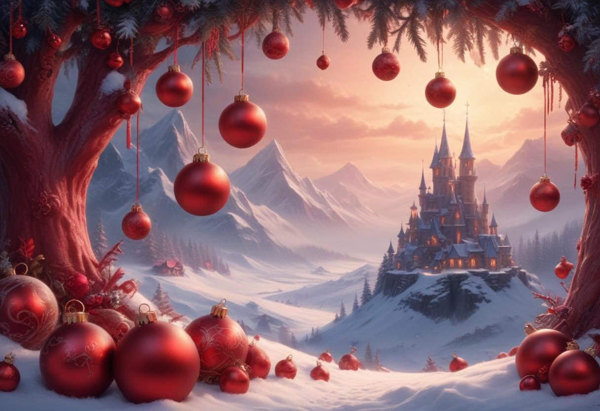 A snowy winter scene with a castle and red ornaments A snowy winter scene with a castle and red ornaments
