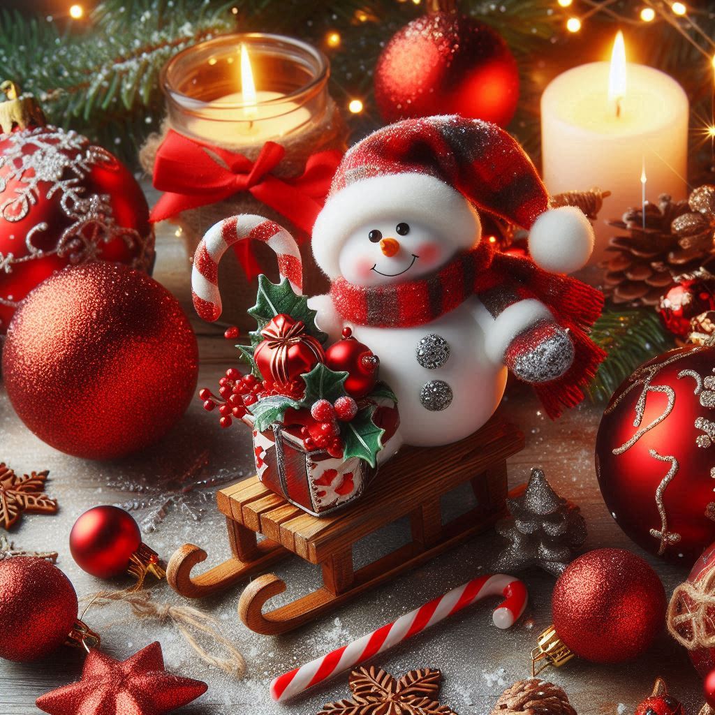 A snowman sits on a sled with christmas ornaments A snowman sits on a sled with christmas ornaments
