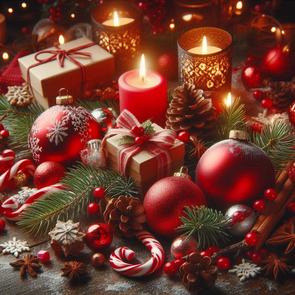 A festive christmas setup with candles and gifts A festive christmas setup with candles and gifts