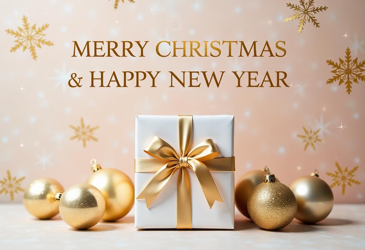 White gift box with gold bow among ornaments White gift box with gold bow among ornaments