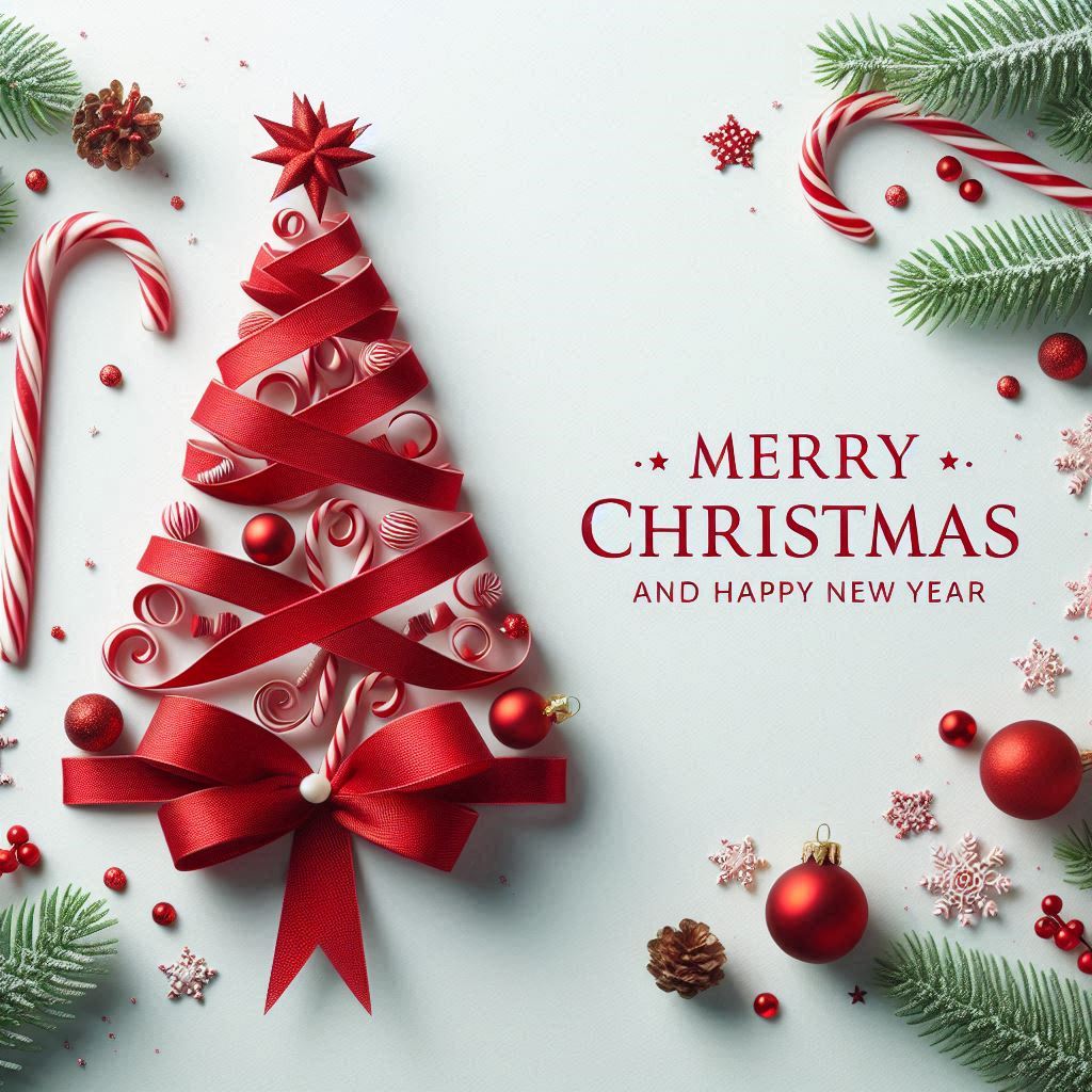 A red ribbon christmas tree with ornaments and candy canes A red ribbon christmas tree with ornaments and candy canes