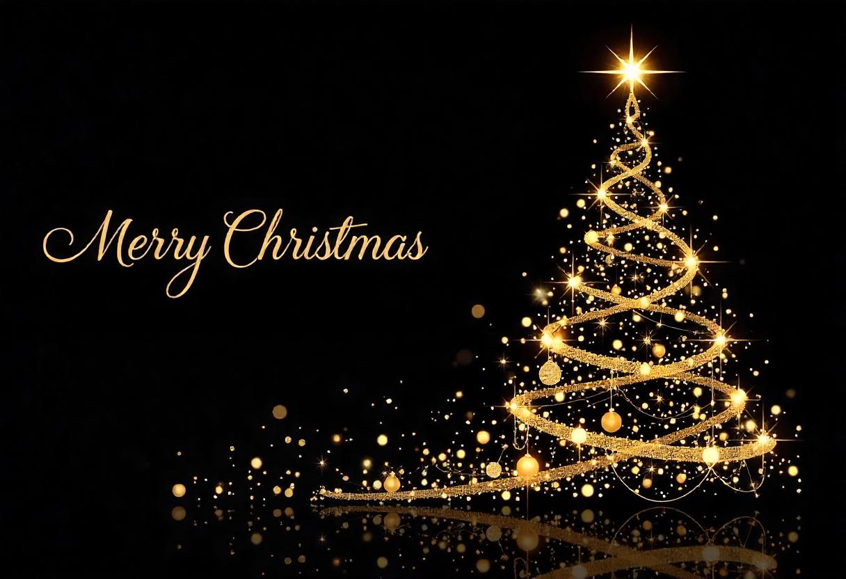 Golden christmas tree with lights on dark backdrop Golden christmas tree with lights on dark backdrop