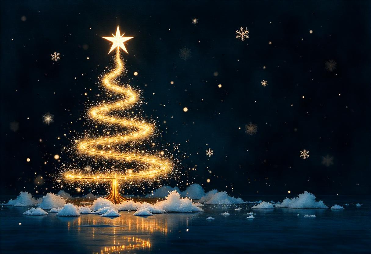 Bright christmas tree glows in the night sky Bright christmas tree glows in the night sky