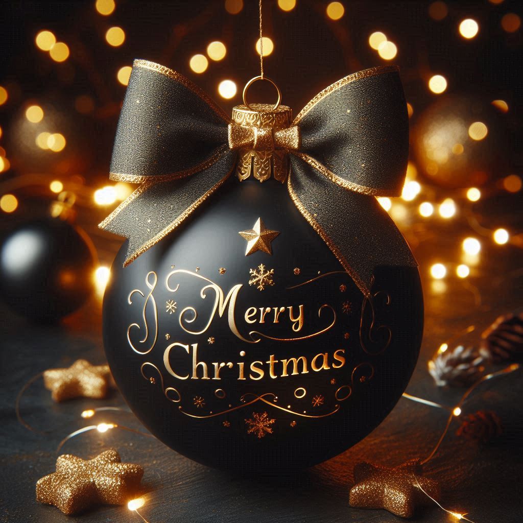 A black ornament with gold bow hangs by warm lights A black ornament with gold bow hangs by warm lights