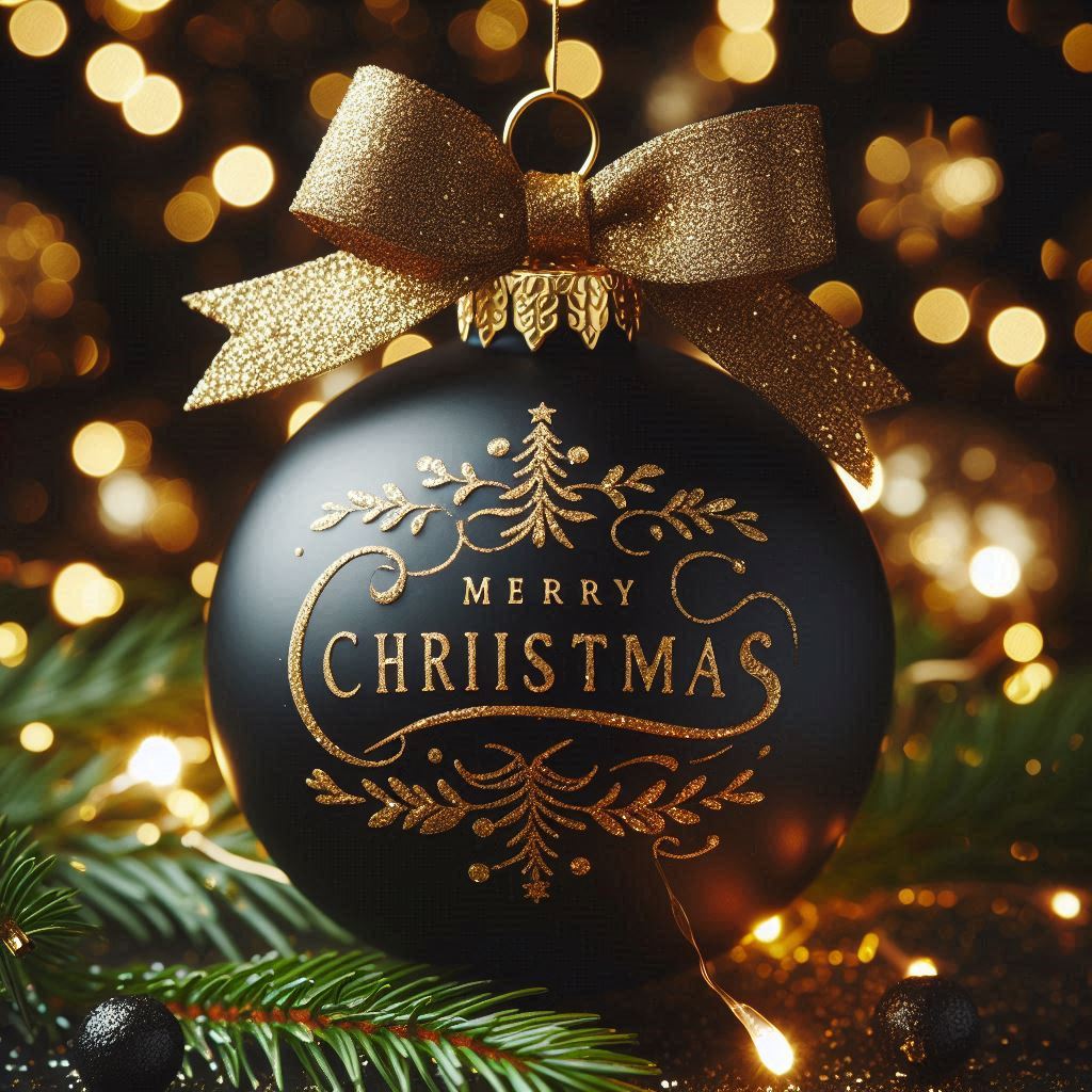 Black ornament with gold bow among twinkling lights Black ornament with gold bow among twinkling lights