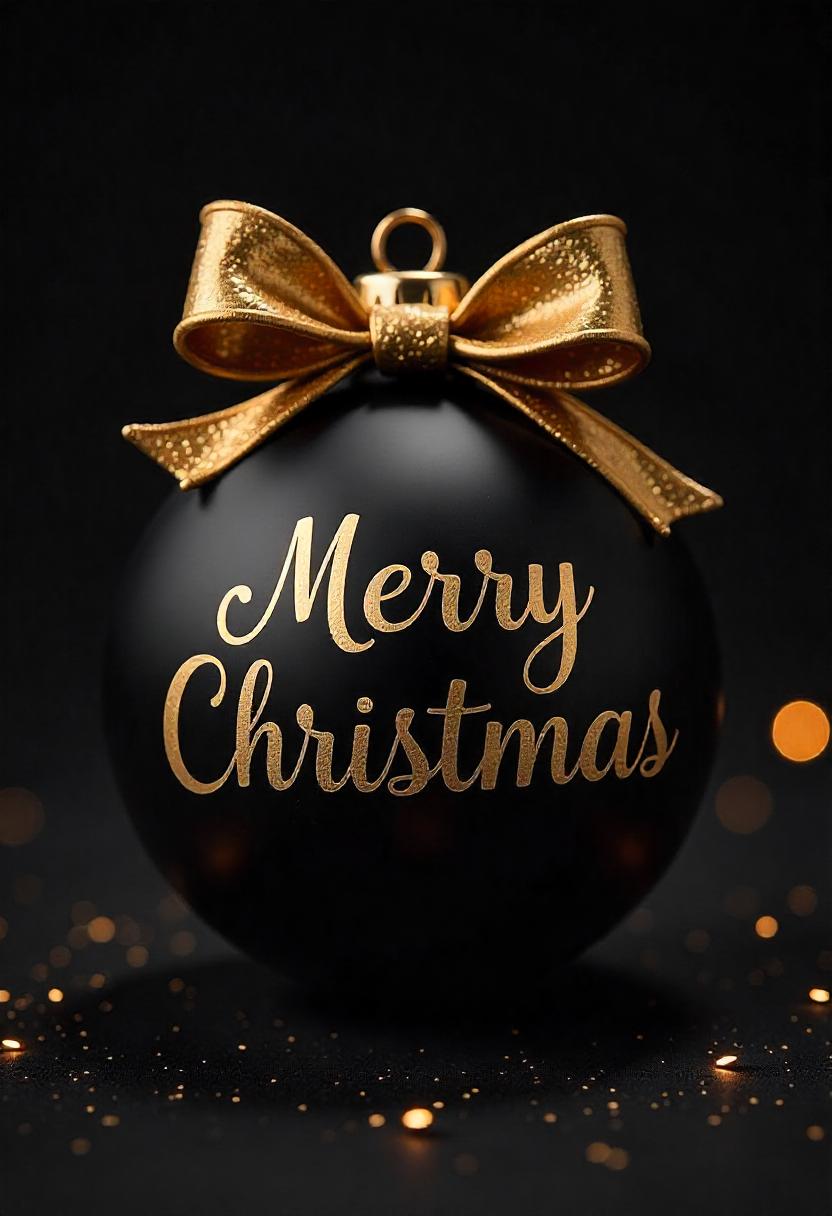 Black ornament with gold bow, merry christmas Black ornament with gold bow, merry christmas