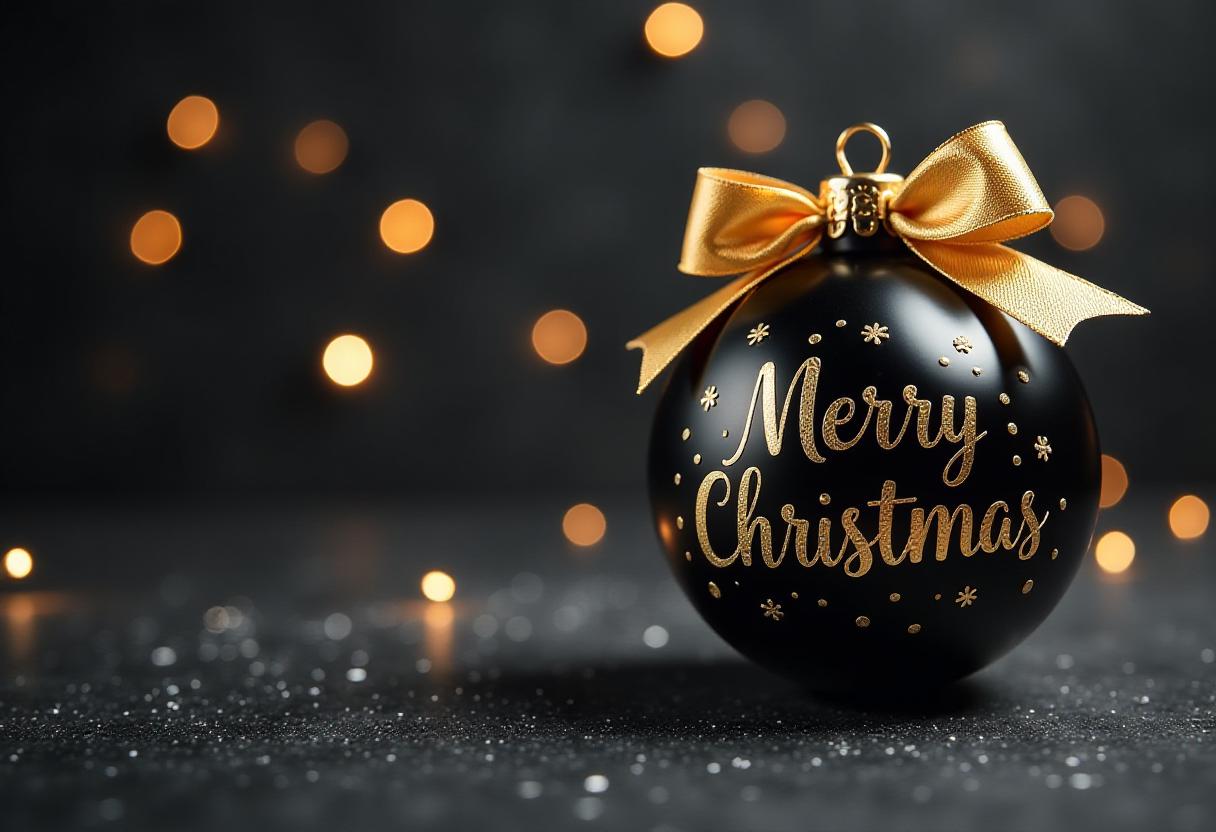Black christmas ornament with gold bow and inscription Black christmas ornament with gold bow and inscription
