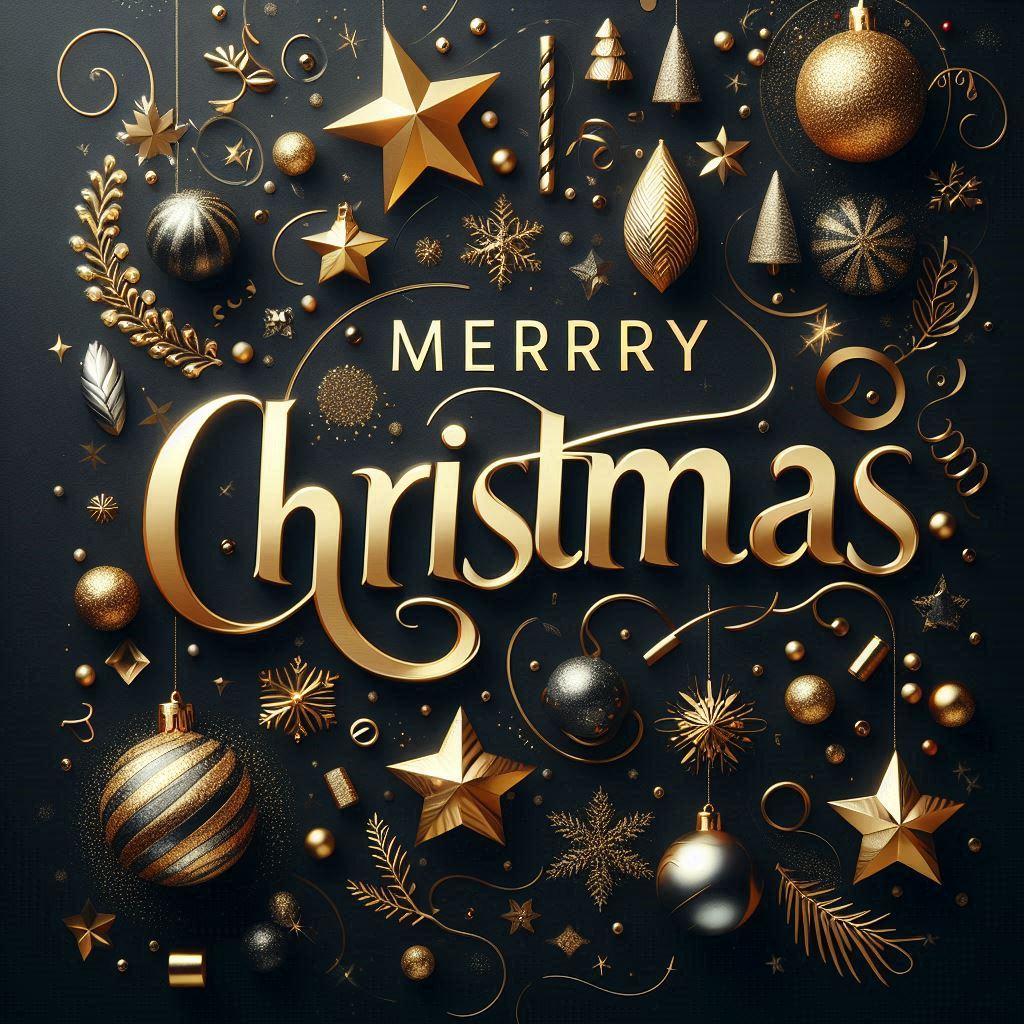 Festive xmas greeting with gold ornaments on black Festive xmas greeting with gold ornaments on black