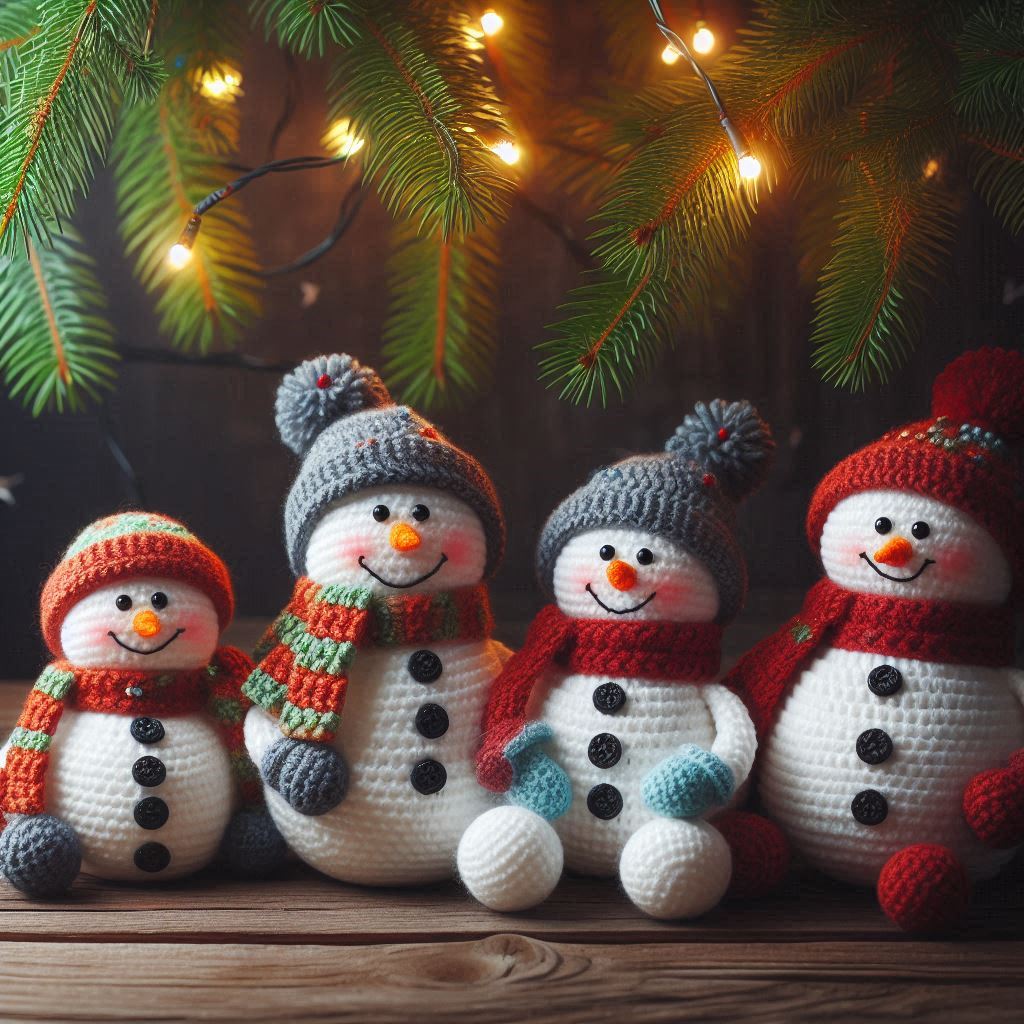 Knit snowmen sit under a pine branch with lights Knit snowmen sit under a pine branch with lights