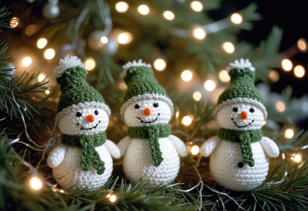 Three crocheted snowmen sit on a tree branch Three crocheted snowmen sit on a tree branch
