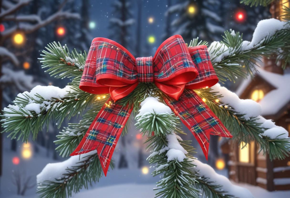Red plaid bow on snowy pine branch Red plaid bow on snowy pine branch