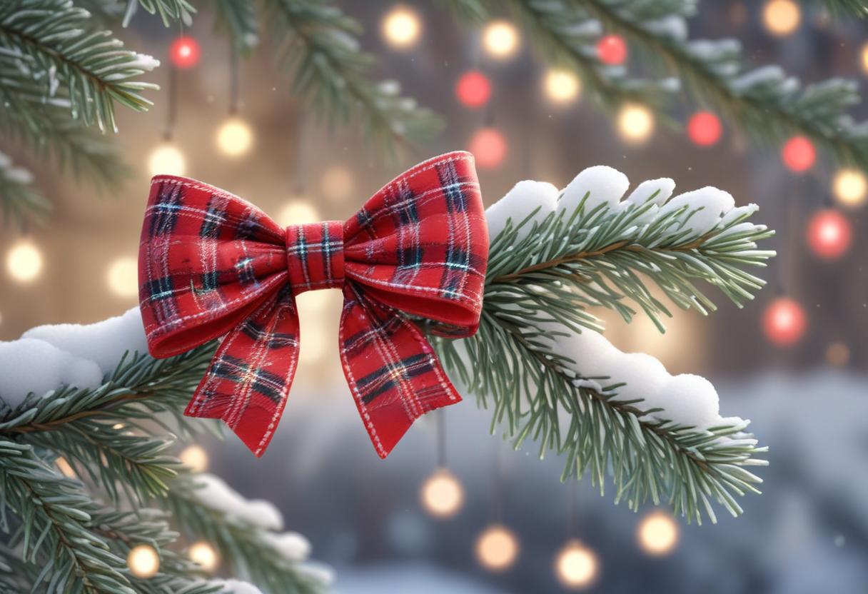 A red plaid bow on a snowy pine branch A red plaid bow on a snowy pine branch