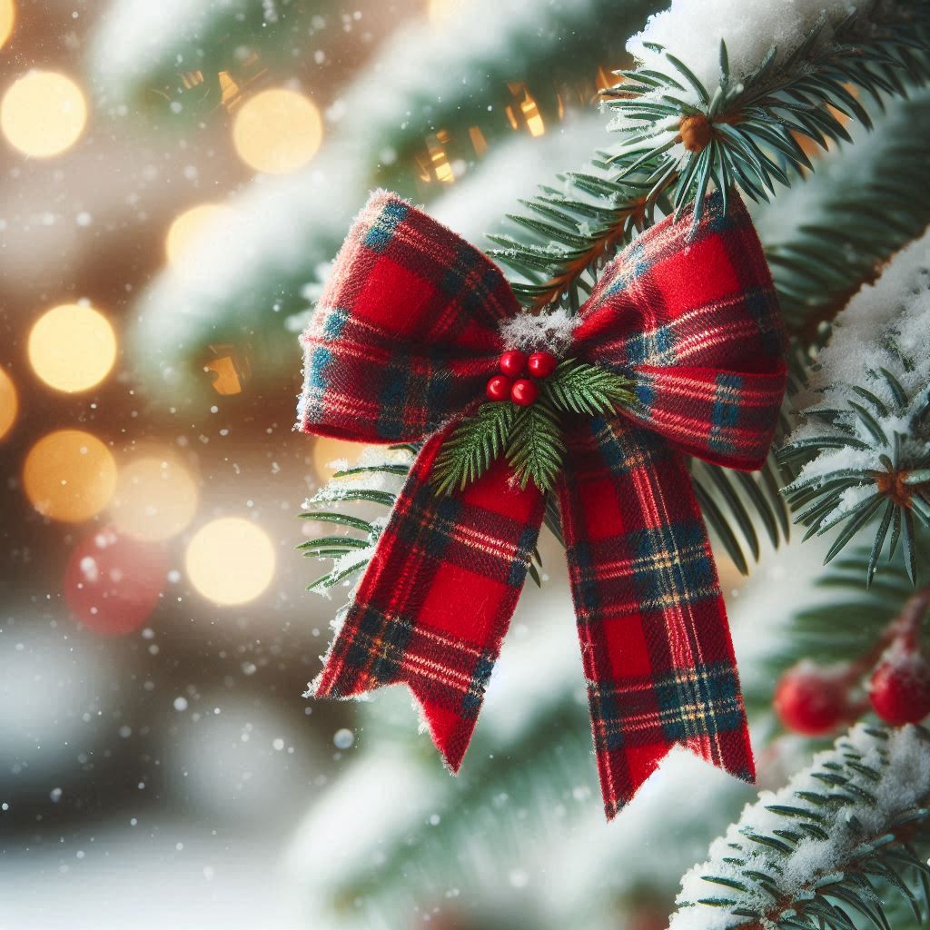 A red plaid bow hangs on a snowy christmas tree A red plaid bow hangs on a snowy christmas tree