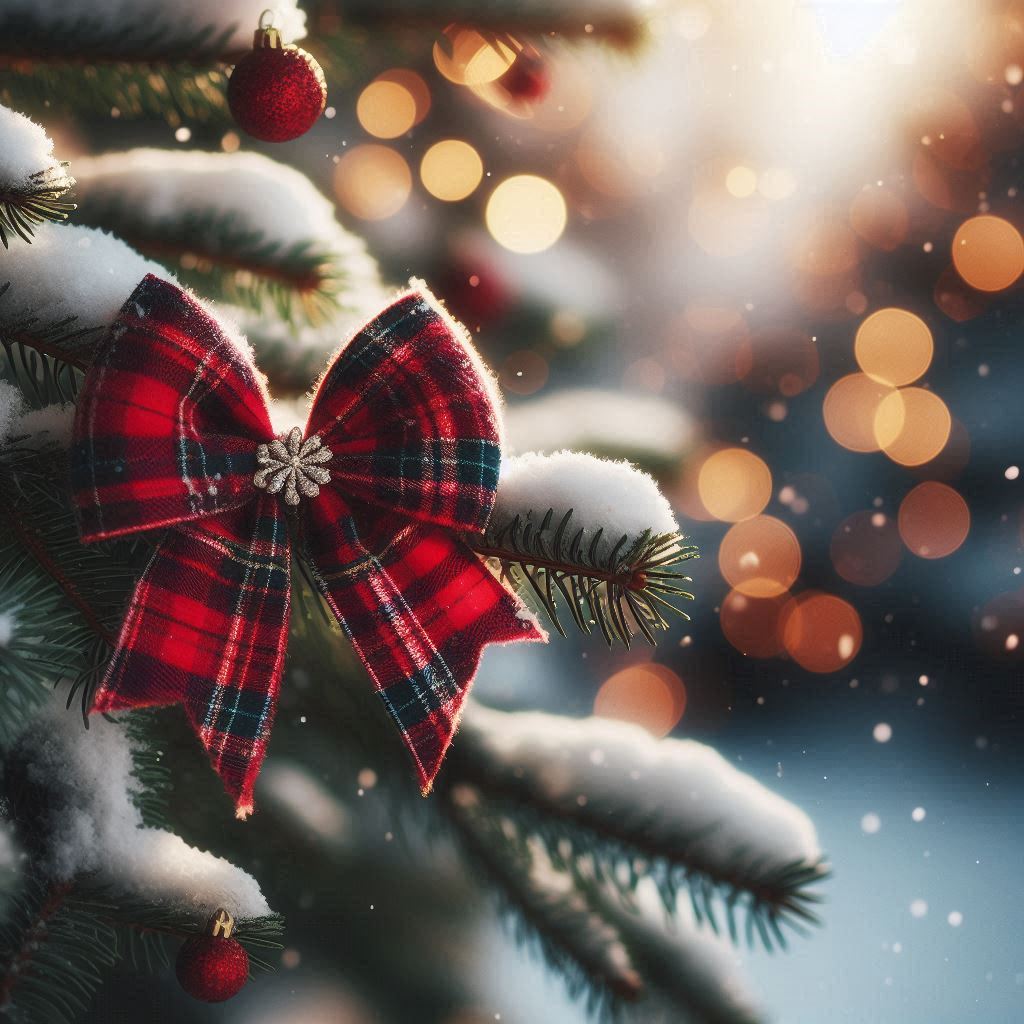 A red plaid bow adorns a snow-covered pine branch A red plaid bow adorns a snow-covered pine branch