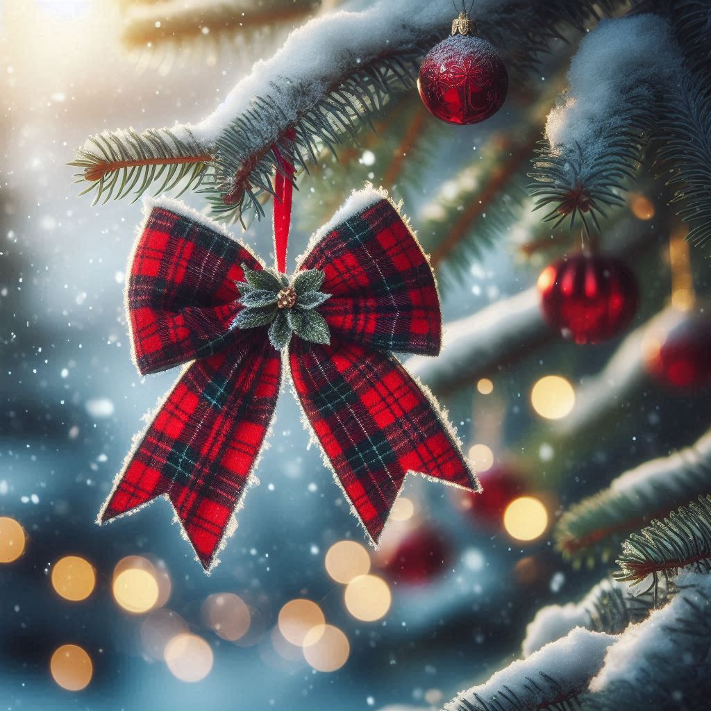 A red plaid bow hangs from a snowy tree branch A red plaid bow hangs from a snowy tree branch