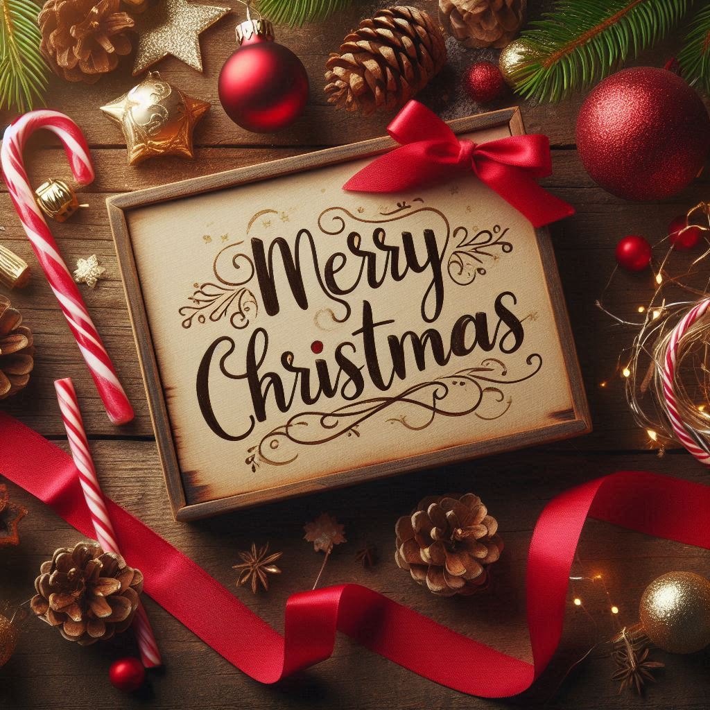 A rustic christmas sign with ornaments and candy canes A rustic christmas sign with ornaments and candy canes