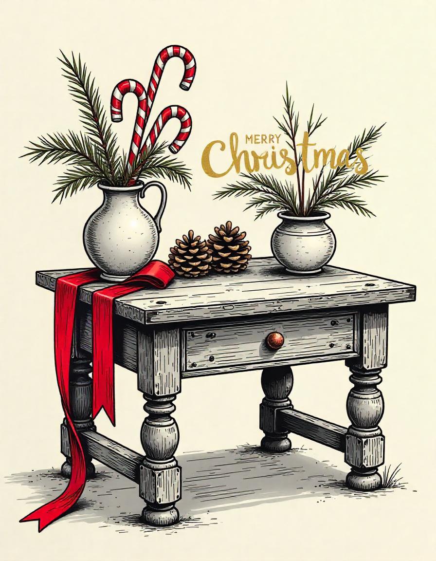 A wooden table with christmas decorations A wooden table with christmas decorations