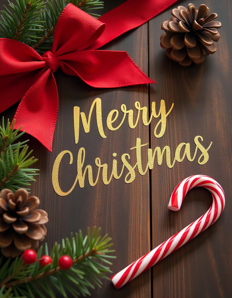 A festive wooden sign with a red bow and pine branches A festive wooden sign with a red bow and pine branches