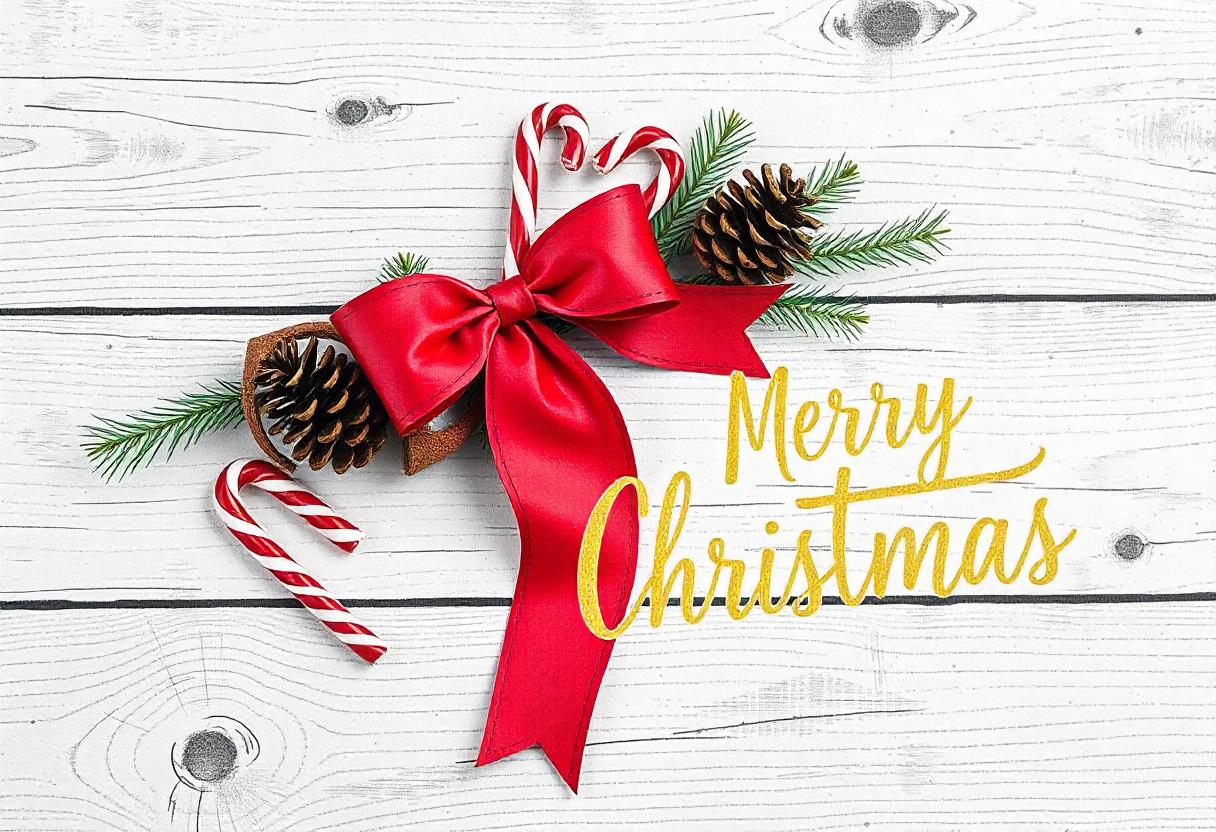 A red bow and candy canes on a white wooden background A red bow and candy canes on a white wooden background