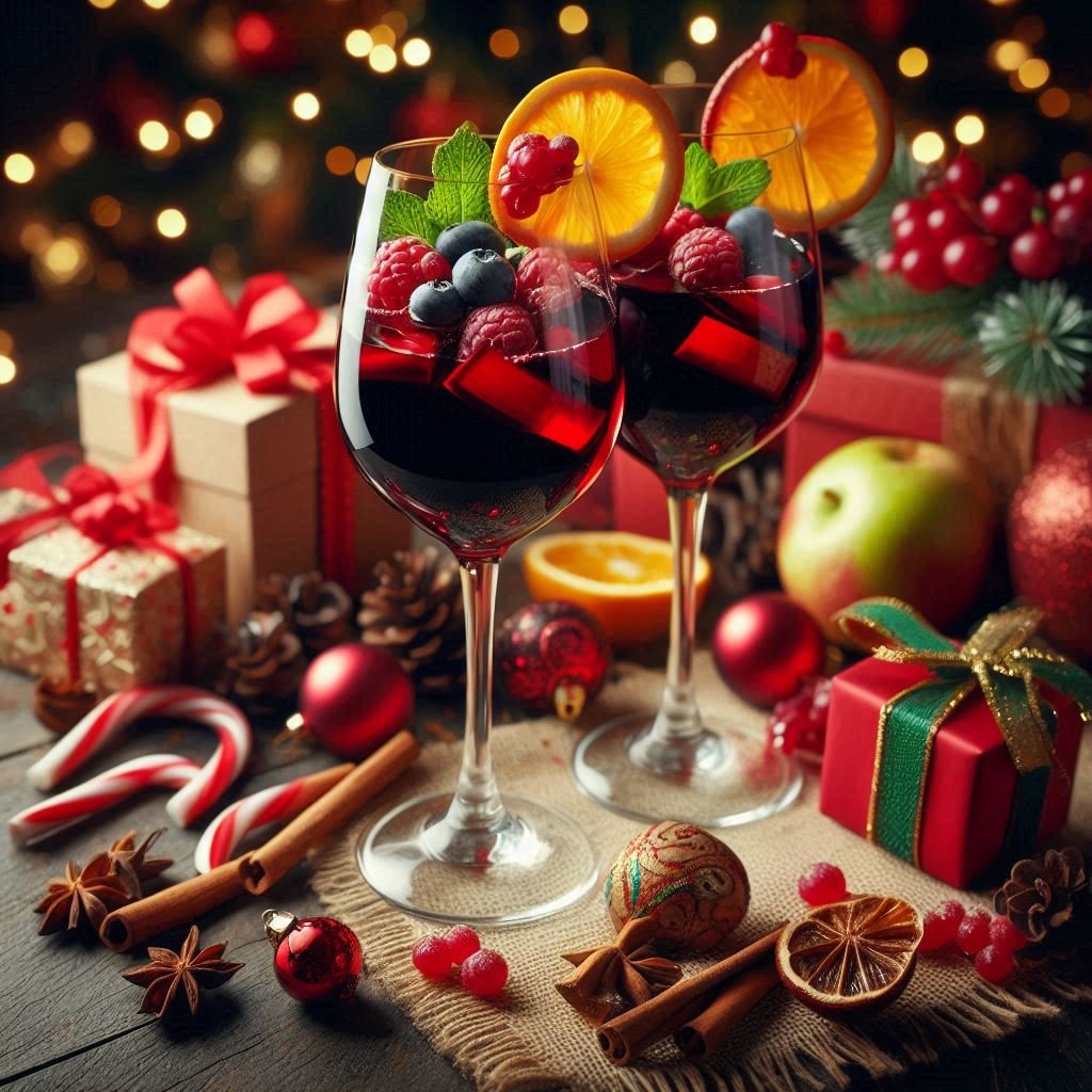 Festive red wine with berries and orange slices Festive red wine with berries and orange slices