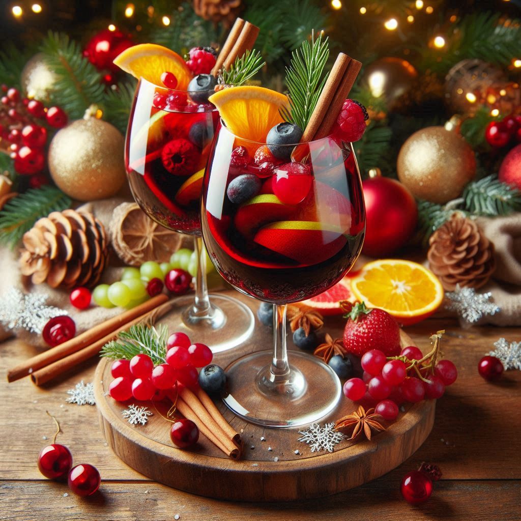 Two glasses of red wine with fruit sit on a wooden table Two glasses of red wine with fruit sit on a wooden table