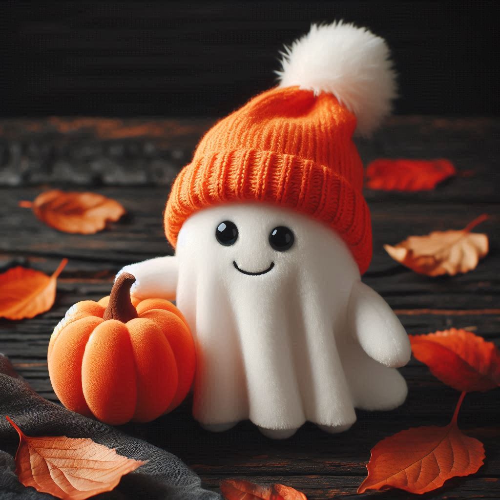 A ghost with an orange hat holds a pumpkin A ghost with an orange hat holds a pumpkin