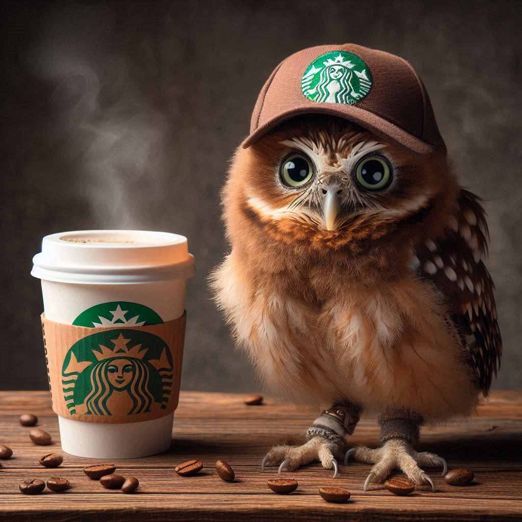 An owl wearing a brown cap enjoys a cup of coffee An owl wearing a brown cap enjoys a cup of coffee
