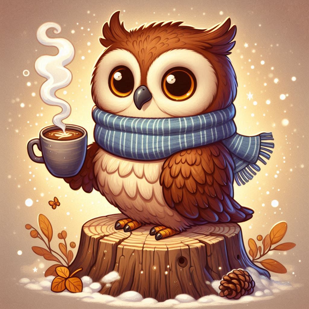 A cute owl enjoys a warm drink on a snowy day A cute owl enjoys a warm drink on a snowy day
