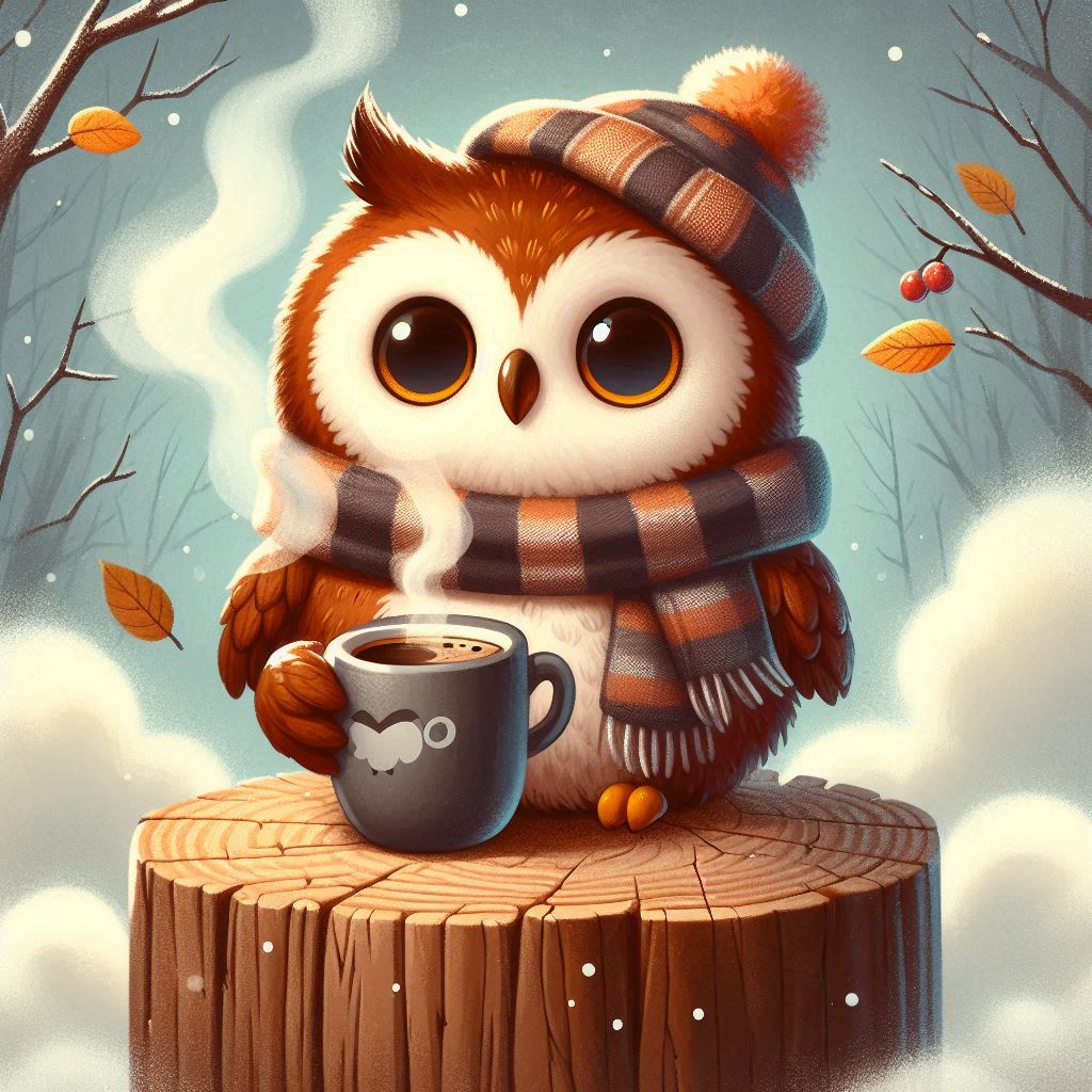 A cute owl enjoys a warm drink on a snowy day A cute owl enjoys a warm drink on a snowy day