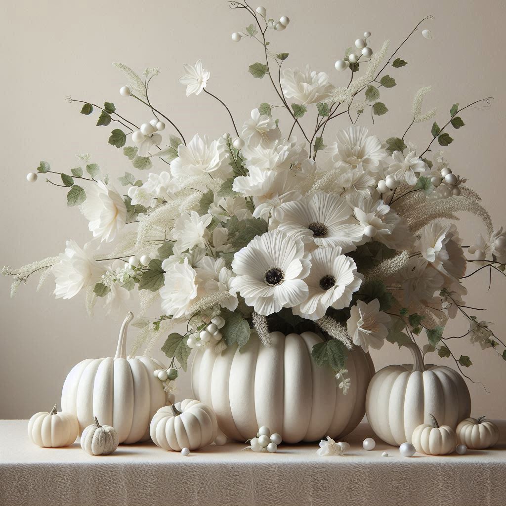 White flowers in a pumpkin vase on a table White flowers in a pumpkin vase on a table