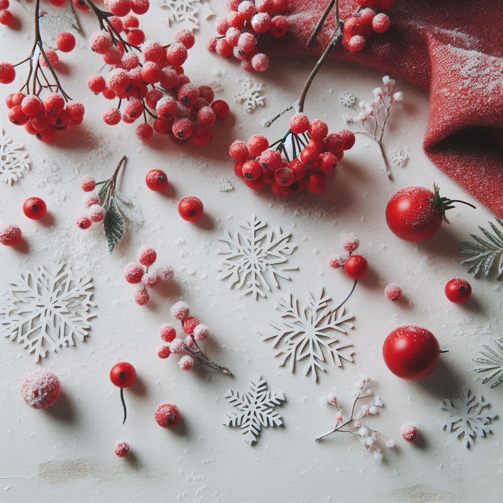 Red berries and snowflakes on a white background Red berries and snowflakes on a white background