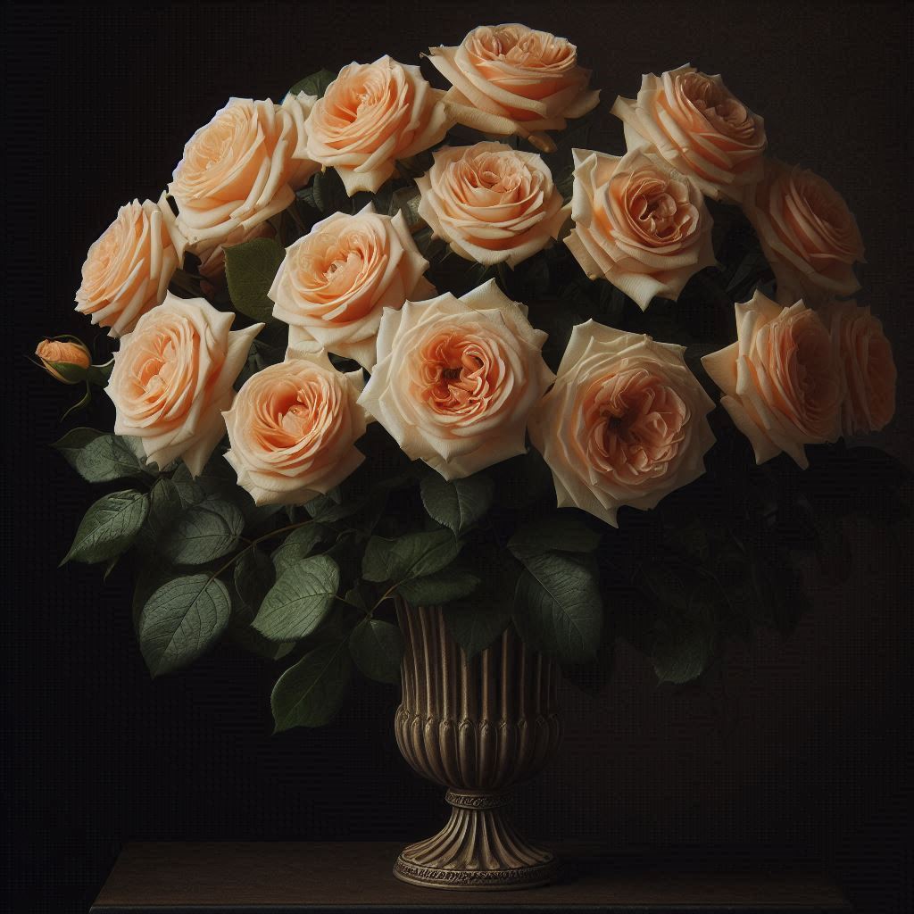 Peach roses in a vase on a dark table Peach roses in a vase on a dark table