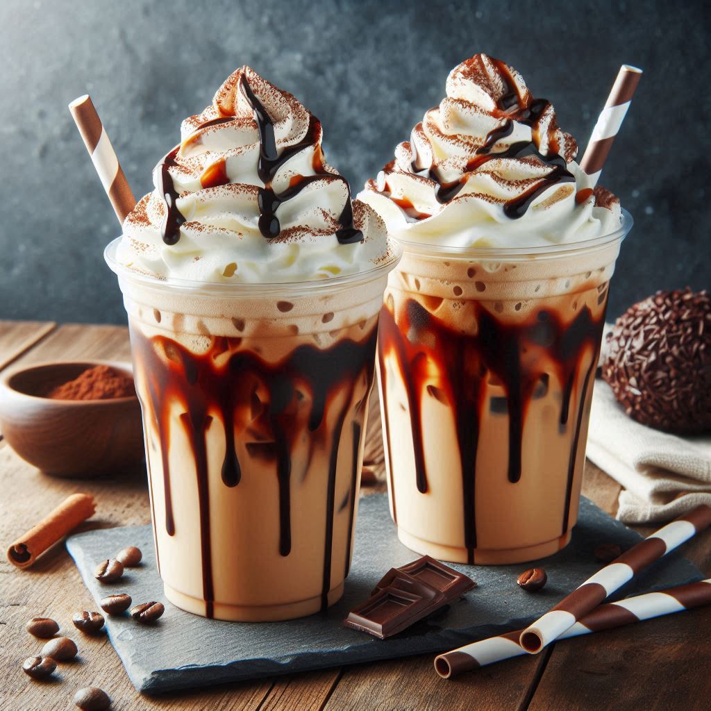 Two iced coffees with whipped cream and chocolate drizzle Two iced coffees with whipped cream and chocolate drizzle