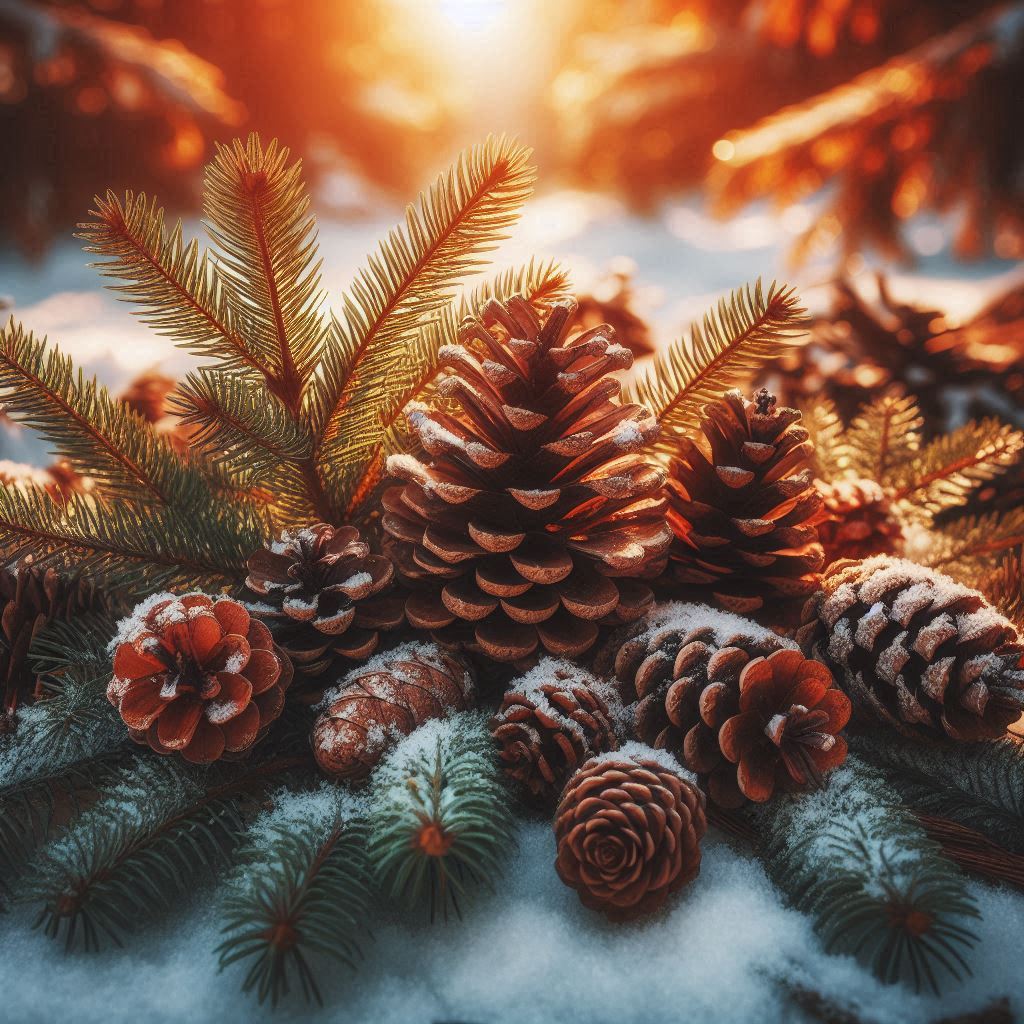 Pine cones and branches sit on snowy ground Pine cones and branches sit on snowy ground