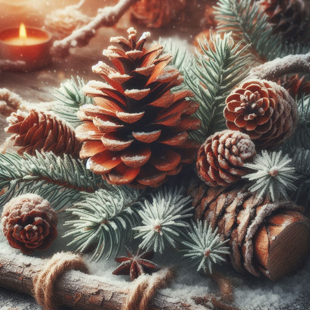 Snowy pine cones and branches create a winter wonderland Snowy pine cones and branches create a winter wonderland
